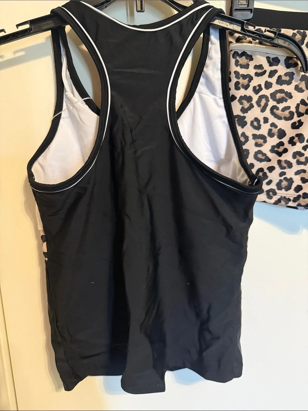 Girls' Black Tankini Swim Top with Leopard Trim and Matching Swim Shorts